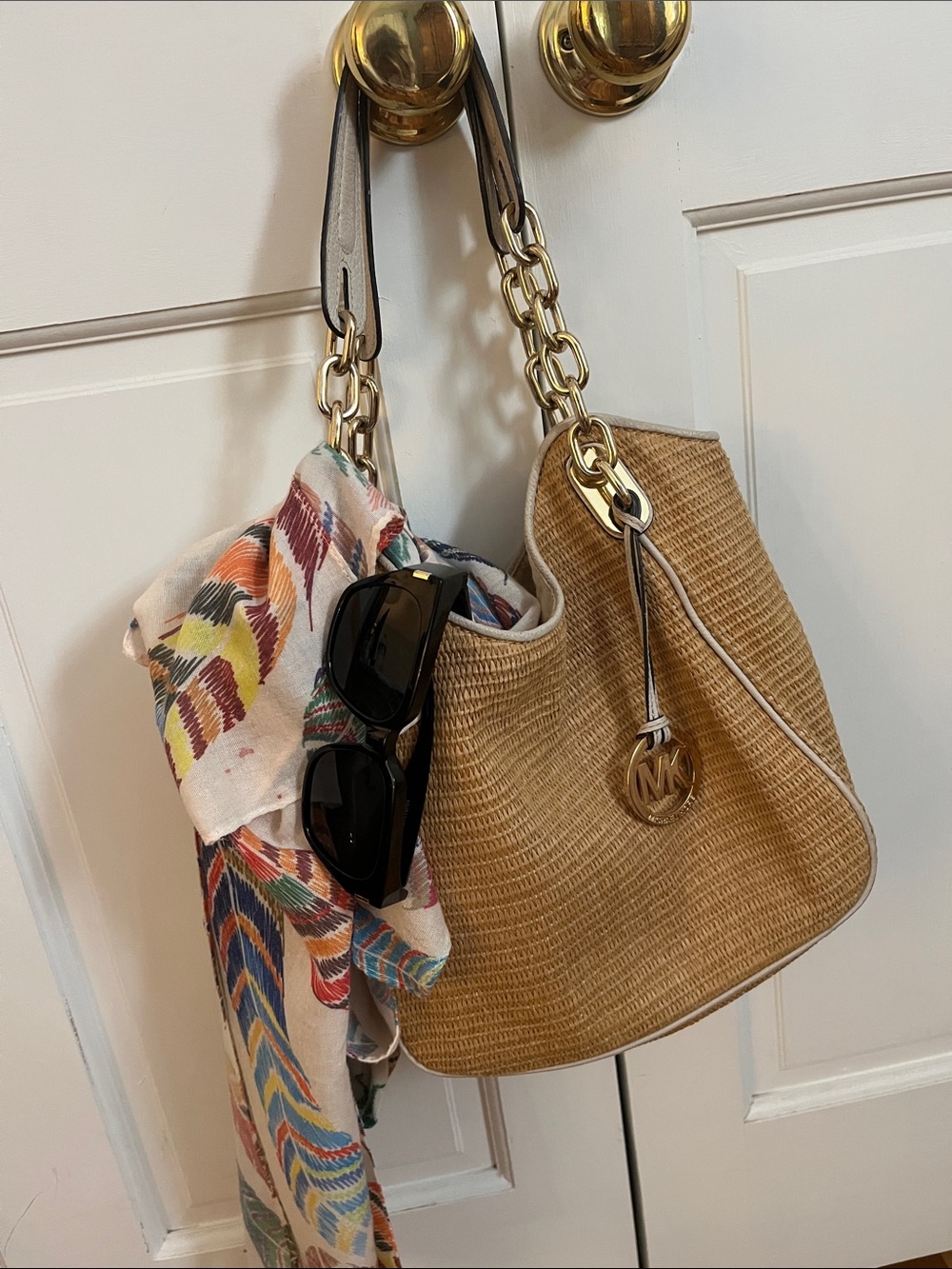 Michael Kors Woven Tan Shoulder Bag with Gold Chain Detail